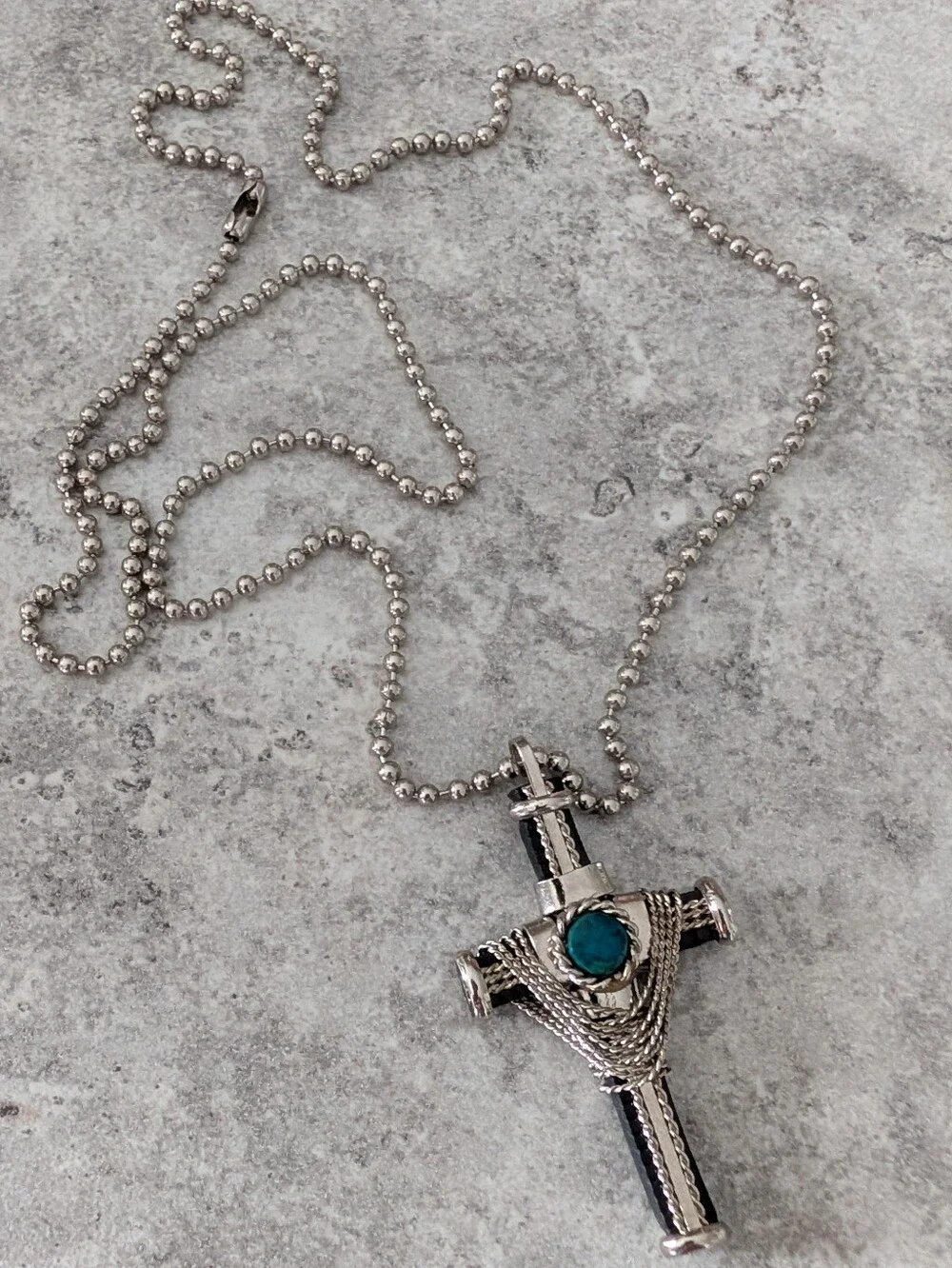 Silver-Tone Men's Cross Pendant Necklace with Teal Stone